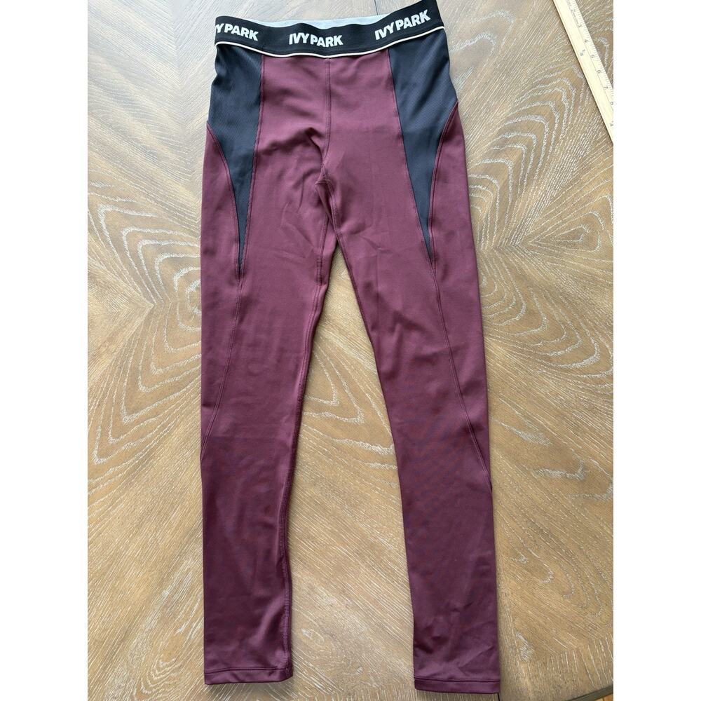 Ivy Park Womens Burgundy Black Ribbed Panel Activewear Leggings Medium Maroon